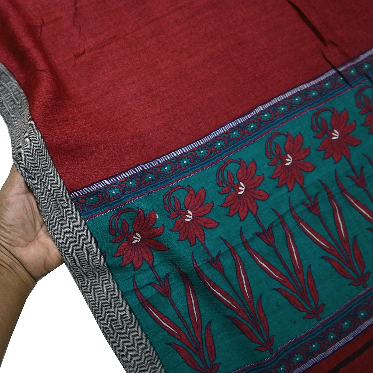 Indian Vintage Red & Green Long Stole Pure Woolen Scarf Printed Dupatta Infinity Scarves Sarong Wrap Veil Woman Hijab Shawl Craft Fabric