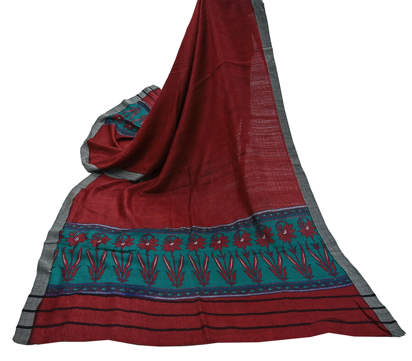 Indian Vintage Red & Green Long Stole Pure Woolen Scarf Printed Dupatta Infinity Scarves Sarong Wrap Veil Woman Hijab Shawl Craft Fabric