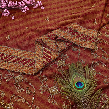 Indian Vintage Heavy Orange & Red Dupatta Pure Georgette Silk Long Stole Hand Embroidered Designer By Ritu Kumar Scarves Scarf Zari Zardozi