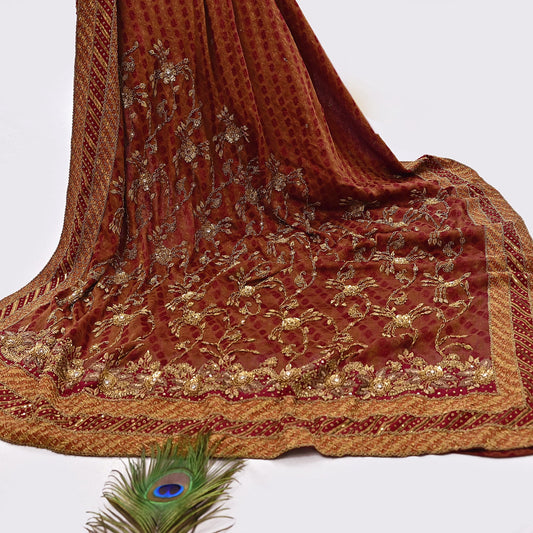 Indian Vintage Heavy Orange & Red Dupatta Pure Georgette Silk Long Stole Hand Embroidered Designer By Ritu Kumar Scarves Scarf Zari Zardozi