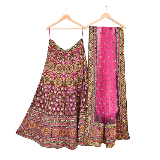 Indian Heavy Wedding Pink Net/Mesh Hand Embroidered Lehenga 2pcs Set Designer By Manish Malhotra Party Wear