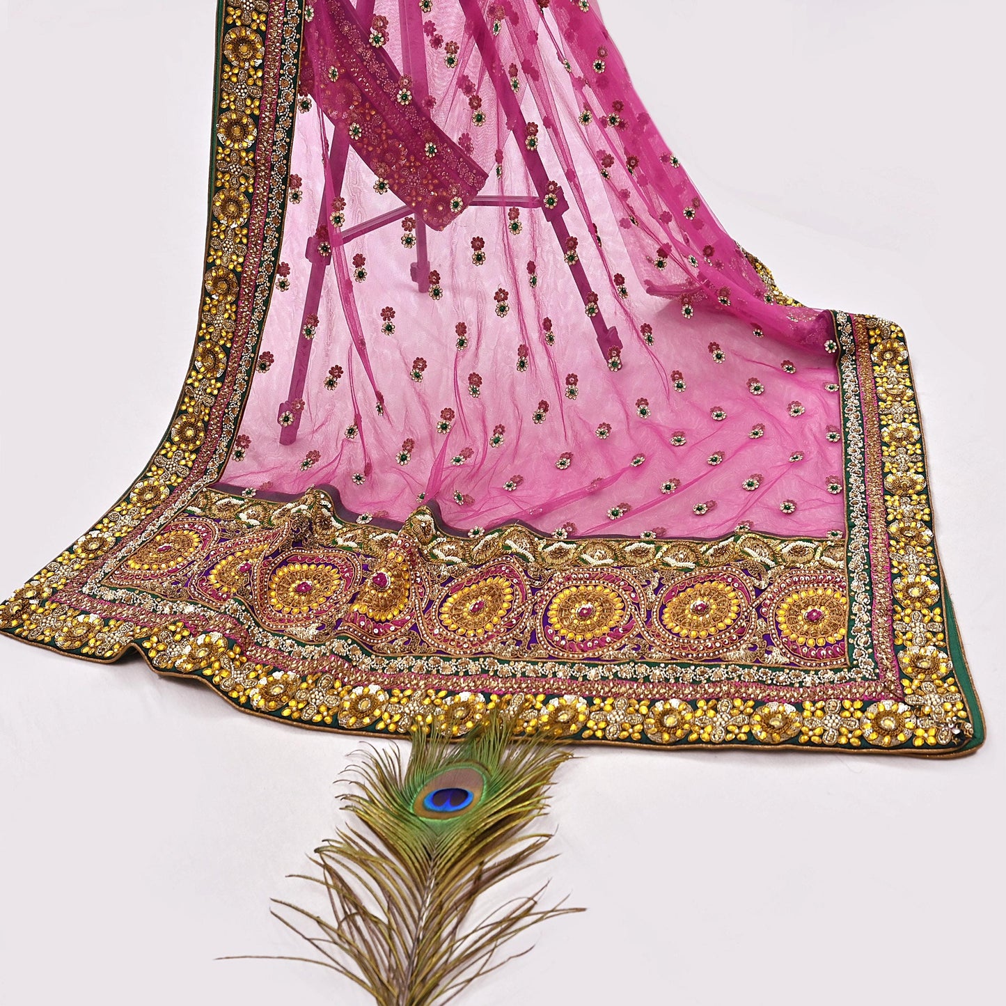 Indian Vintage Heavy Wedding pink Net/Mesh/ Velvet Hand Embroidered Dupatta Designer By Manish Malhotra Bridal Wear Zardozi Veil Hijab