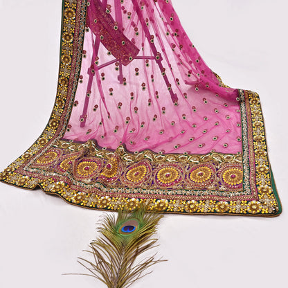 Indian Vintage Heavy Wedding pink Net/Mesh/ Velvet Hand Embroidered Dupatta Designer By Manish Malhotra Bridal Wear Zardozi Veil Hijab