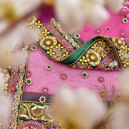 Indian Vintage Heavy Wedding pink Net/Mesh/ Velvet Hand Embroidered Dupatta Designer By Manish Malhotra Bridal Wear Zardozi Veil Hijab