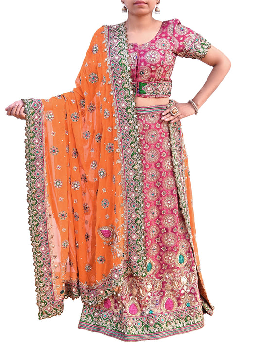 Indian Heavy Wedding Red Pure Satin Silk & Pure Georgette Silk Hand Embroidered Lehenga 3pcs Set Designer By Manish Malhotra Party Wear