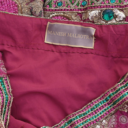 Indian Pre-Owned Heavy Wedding pink Pure Satin Silk Hand Embroidered banarasi Lehenga/Skirt Designer By Manish Malhotra Bridal Wear Zardozi