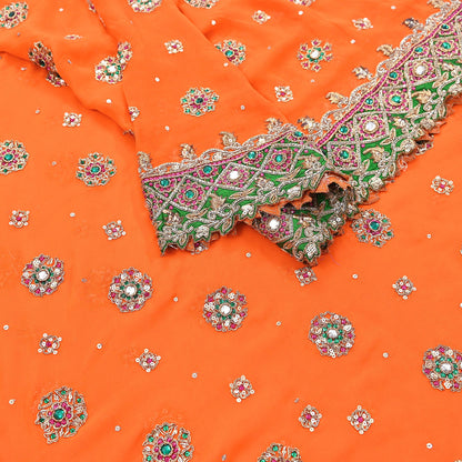 Indian Pre-owned Heavy orange Pure Georgette Silk Hand Embroidered Dupatta Designer By Manish Malhotra Bridal Wear Dabka Zardozi Veil Hijab