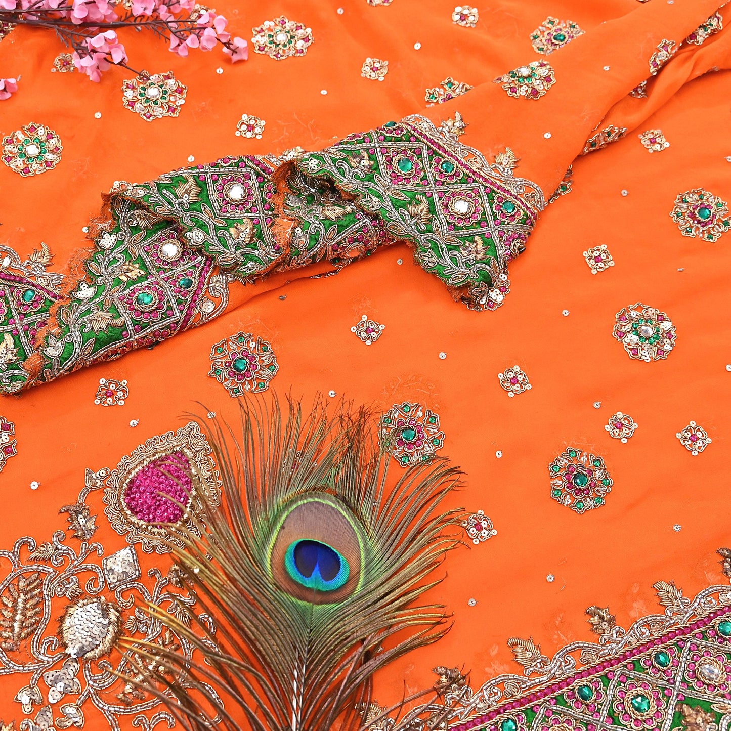 Indian Pre-owned Heavy orange Pure Georgette Silk Hand Embroidered Dupatta Designer By Manish Malhotra Bridal Wear Dabka Zardozi Veil Hijab