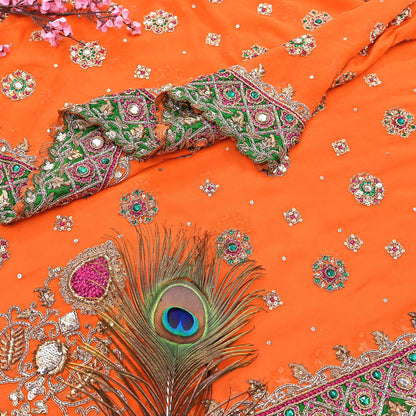 Indian Pre-owned Heavy orange Pure Georgette Silk Hand Embroidered Dupatta Designer By Manish Malhotra Bridal Wear Dabka Zardozi Veil Hijab