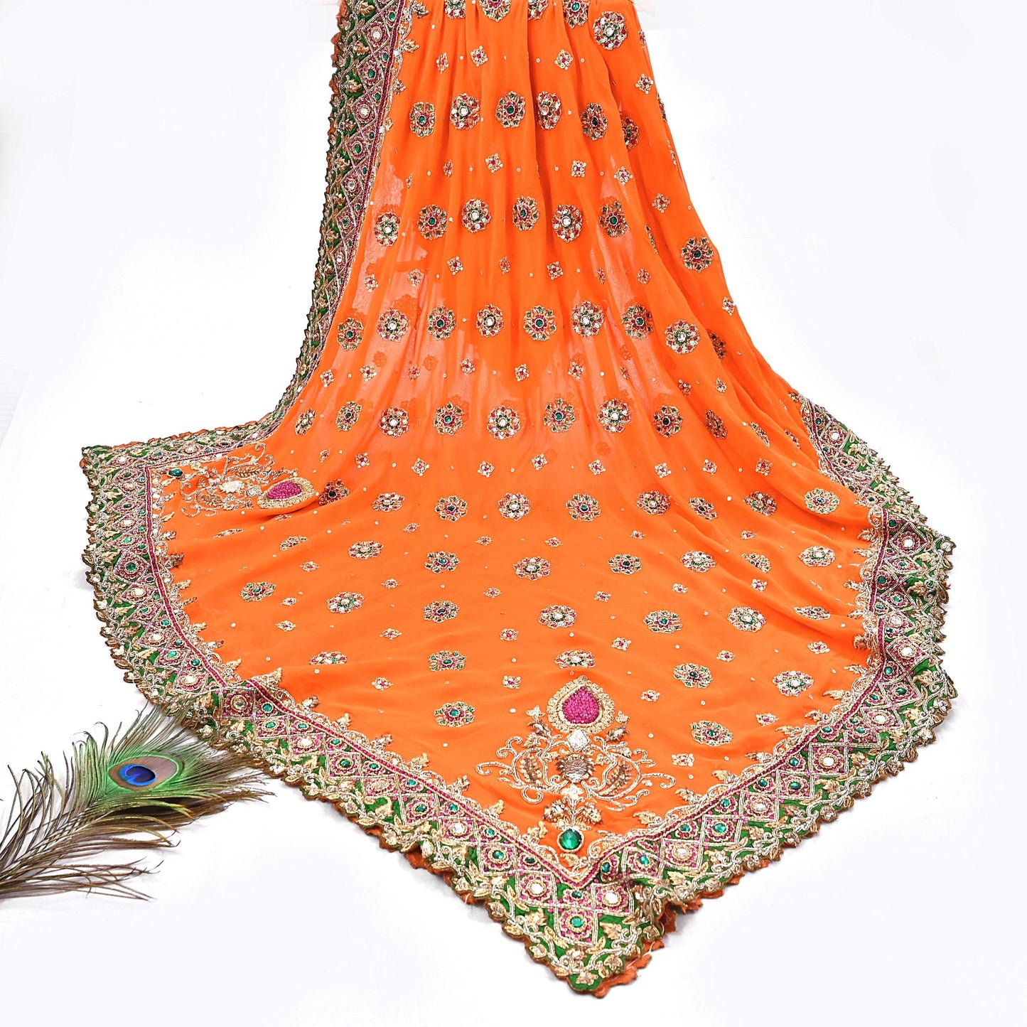 Indian Pre-owned Heavy orange Pure Georgette Silk Hand Embroidered Dupatta Designer By Manish Malhotra Bridal Wear Dabka Zardozi Veil Hijab