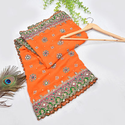 Indian Pre-owned Heavy orange Pure Georgette Silk Hand Embroidered Dupatta Designer By Manish Malhotra Bridal Wear Dabka Zardozi Veil Hijab