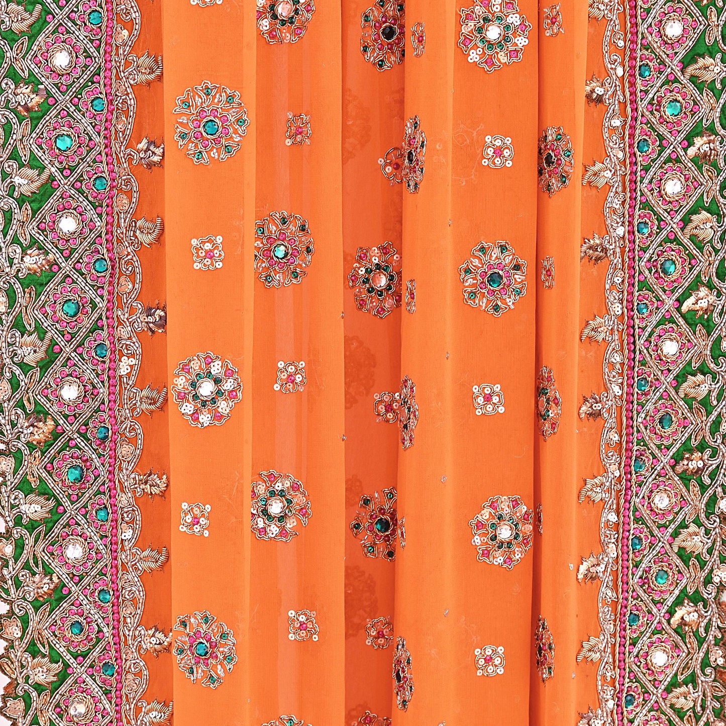 Indian Pre-owned Heavy orange Pure Georgette Silk Hand Embroidered Dupatta Designer By Manish Malhotra Bridal Wear Dabka Zardozi Veil Hijab