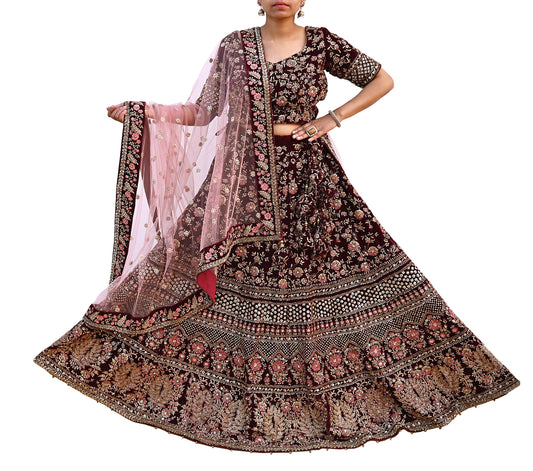 Indian Heavy Wedding maroon & pink Net/ velvet Hand Embroidered Lehenga 3pcs Set Designer By Manish Malhotra Party Wear