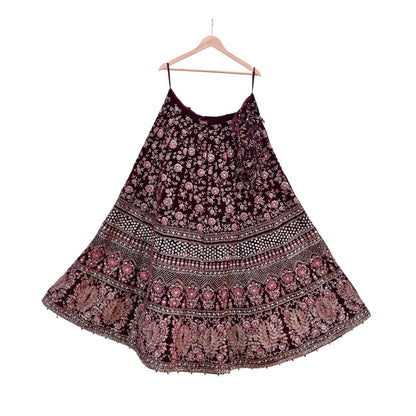 Manish Malhotra maroon Velvet Lehenga Skirt Heavy Zardozi Dabka Embroidery Indian Bridal Wear, Designer Couture Wedding Outfit