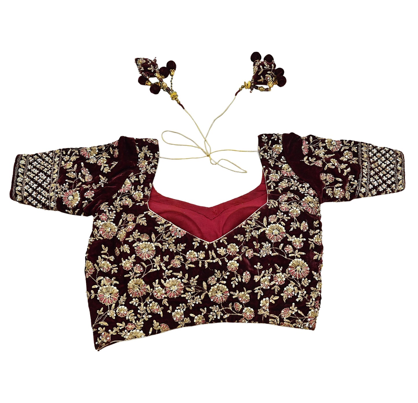 Indian Pre-owned Wine Velvet Hand Embroidered By Designer manish malhotra Padded Blouse/Top/Crop L Size Party wear Bollywood