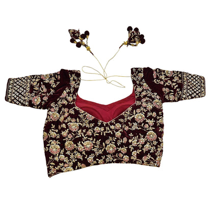 Indian Pre-owned Wine Velvet Hand Embroidered By Designer manish malhotra Padded Blouse/Top/Crop L Size Party wear Bollywood