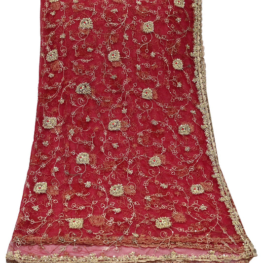 Indian Vintage Red Dupatta Net Mesh Long Stole Hand Embroidered Scarves  Zardozi Zari Sequins Hijab Veil wrap Boho