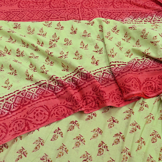 Indian Vintage Green & peach Saree Block Printed Pure Cotton Sari Craft Fabric Soft 5Yd Sewing Sarong Wrap Boho Quilting Dress making