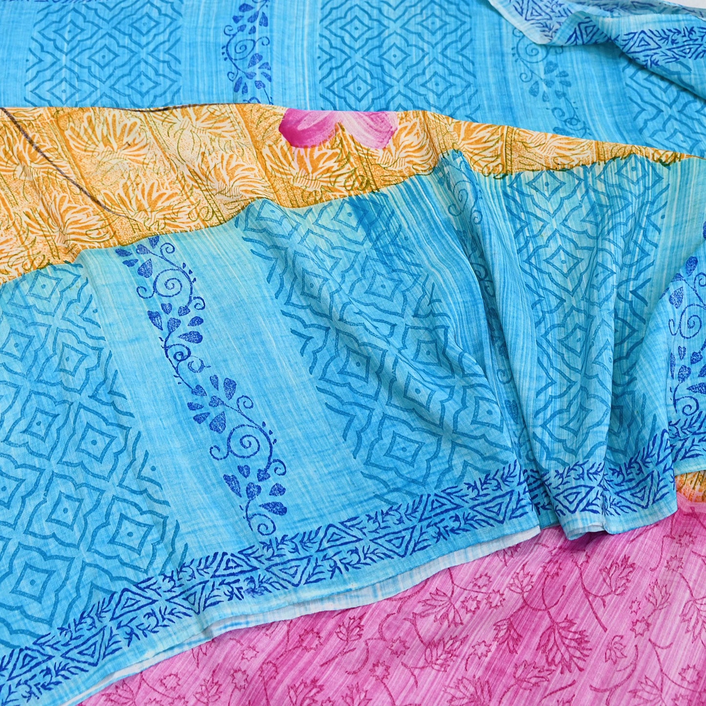 Indian Vintage PInk & Blue Pure Crepe Silk Saree Floral Print 5 Yards Soft Sewing Fabric for Dressmaking, Quilting, Crafting Upcycling