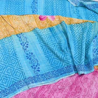 Indian Vintage PInk & Blue Pure Crepe Silk Saree Floral Print 5 Yards Soft Sewing Fabric for Dressmaking, Quilting, Crafting Upcycling