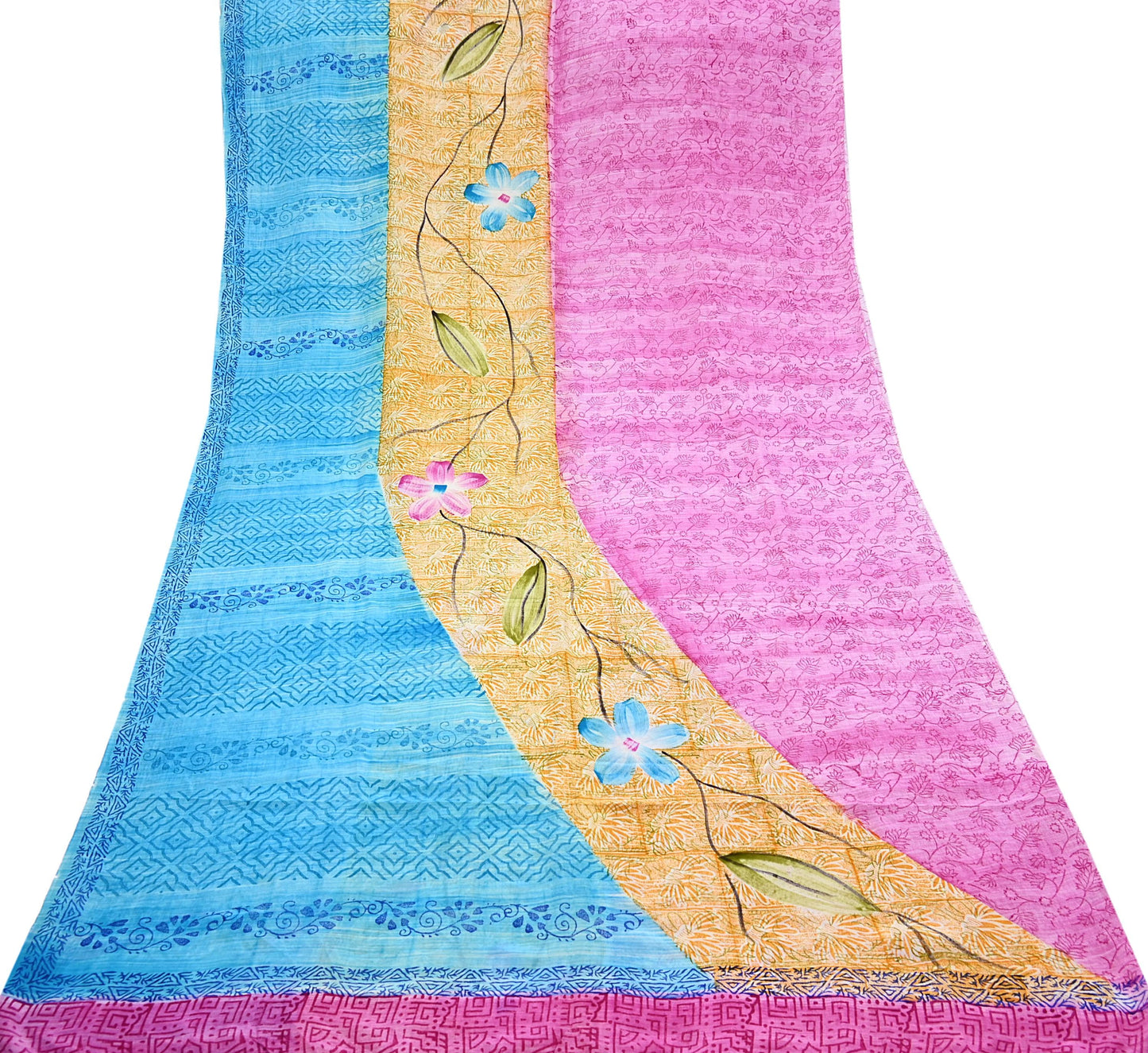 Indian Vintage PInk & Blue Pure Crepe Silk Saree Floral Print 5 Yards Soft Sewing Fabric for Dressmaking, Quilting, Crafting Upcycling