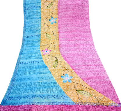 Indian Vintage PInk & Blue Pure Crepe Silk Saree Floral Print 5 Yards Soft Sewing Fabric for Dressmaking, Quilting, Crafting Upcycling
