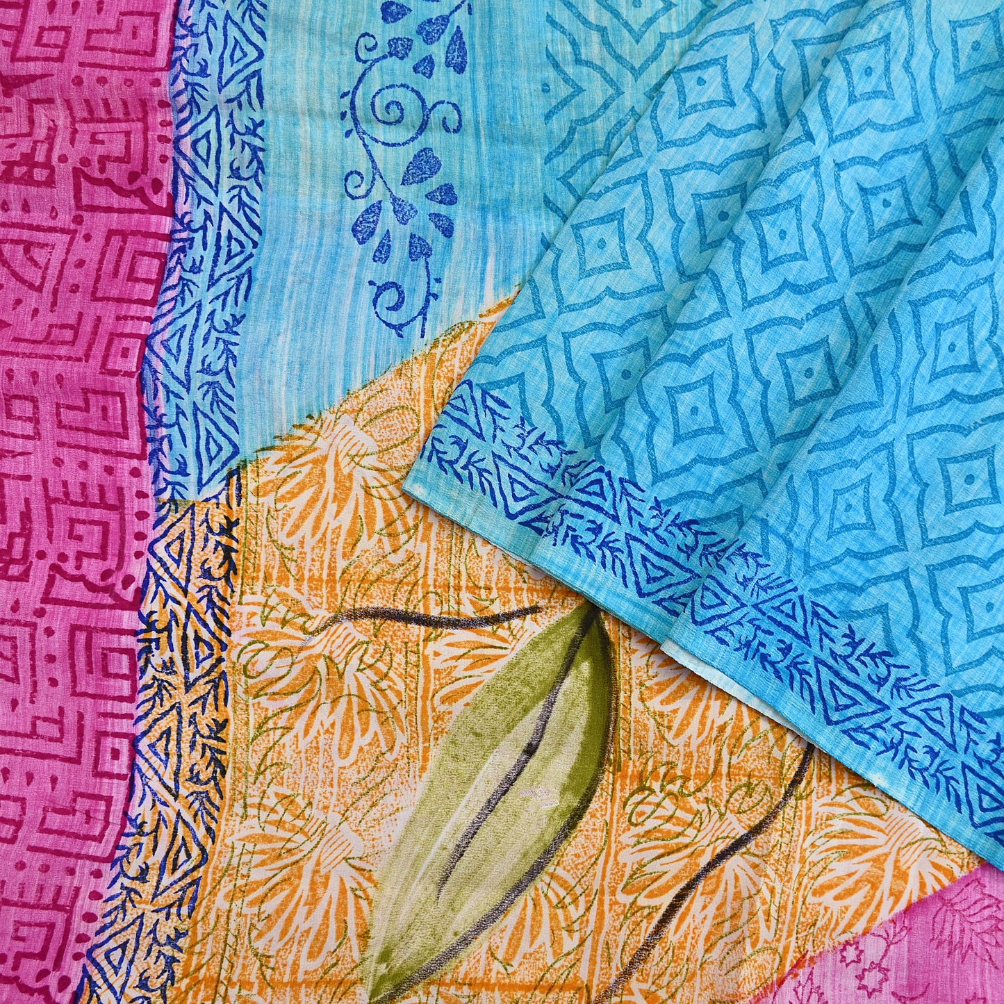 Indian Vintage PInk & Blue Pure Crepe Silk Saree Floral Print 5 Yards Soft Sewing Fabric for Dressmaking, Quilting, Crafting Upcycling