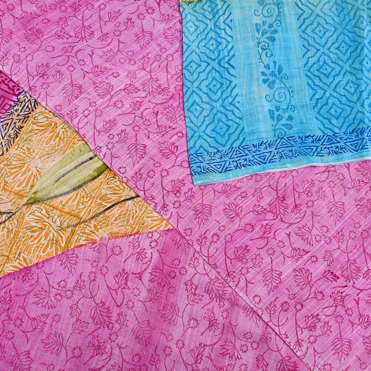 Indian Vintage PInk & Blue Pure Crepe Silk Saree Floral Print 5 Yards Soft Sewing Fabric for Dressmaking, Quilting, Crafting Upcycling