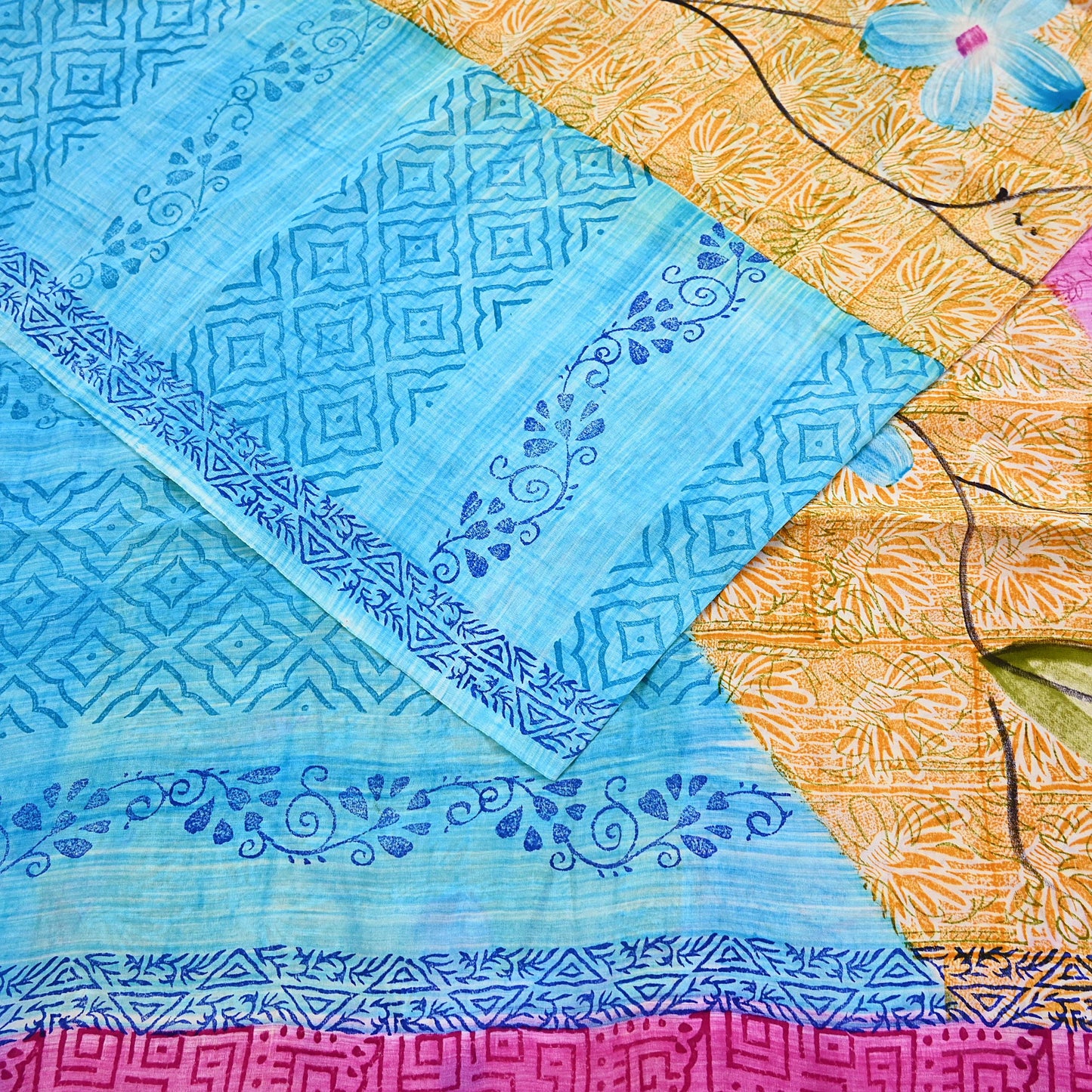 Indian Vintage PInk & Blue Pure Crepe Silk Saree Floral Print 5 Yards Soft Sewing Fabric for Dressmaking, Quilting, Crafting Upcycling