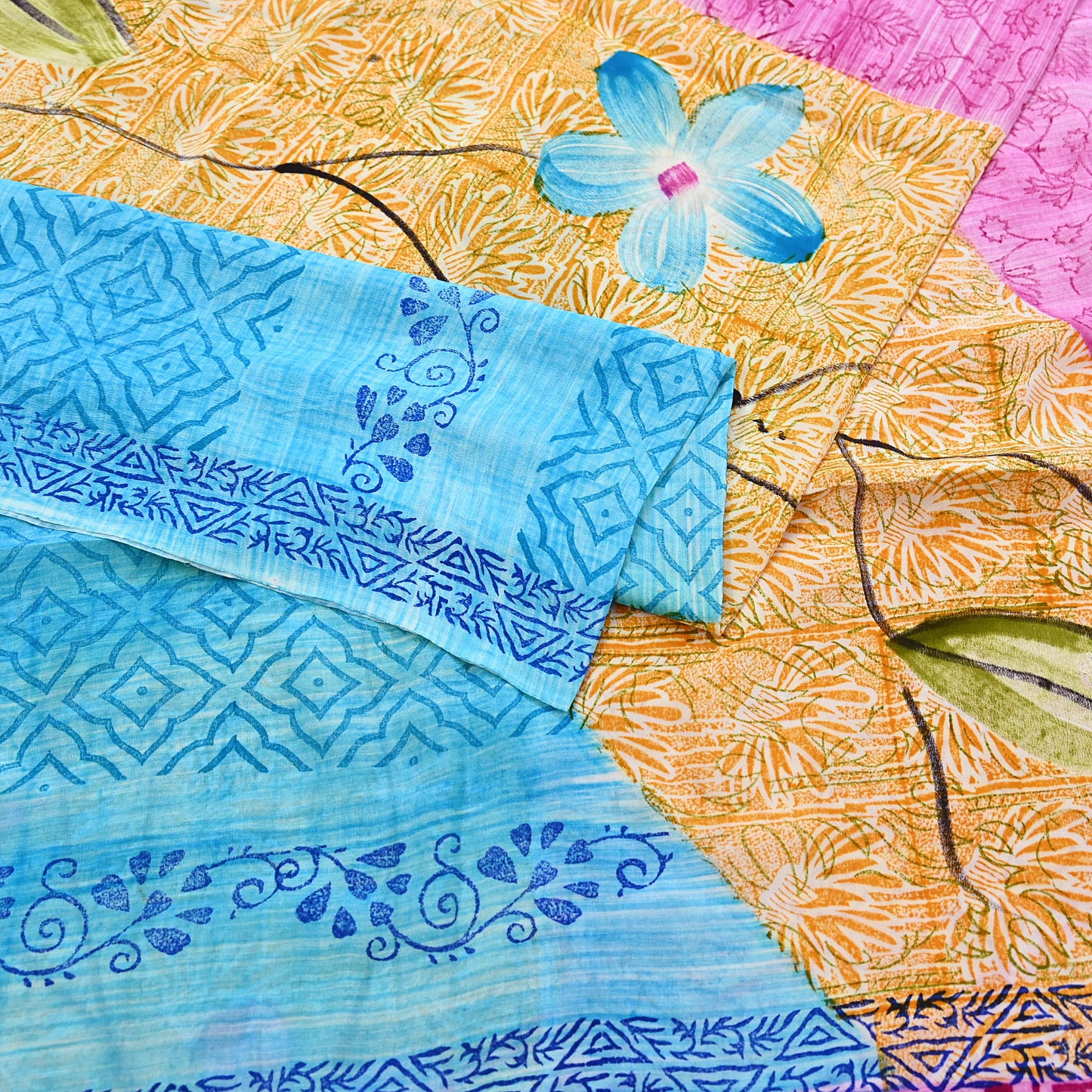 Indian Vintage PInk & Blue Pure Crepe Silk Saree Floral Print 5 Yards Soft Sewing Fabric for Dressmaking, Quilting, Crafting Upcycling