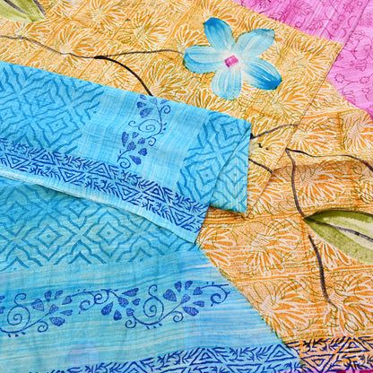 Indian Vintage PInk & Blue Pure Crepe Silk Saree Floral Print 5 Yards Soft Sewing Fabric for Dressmaking, Quilting, Crafting Upcycling