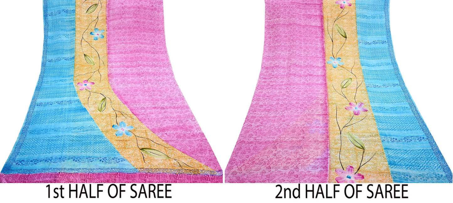 Indian Vintage PInk & Blue Pure Crepe Silk Saree Floral Print 5 Yards Soft Sewing Fabric for Dressmaking, Quilting, Crafting Upcycling