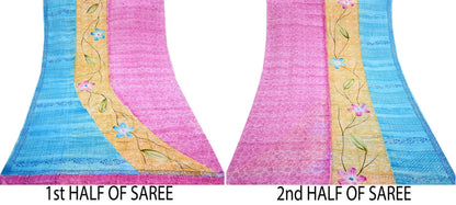 Indian Vintage PInk & Blue Pure Crepe Silk Saree Floral Print 5 Yards Soft Sewing Fabric for Dressmaking, Quilting, Crafting Upcycling