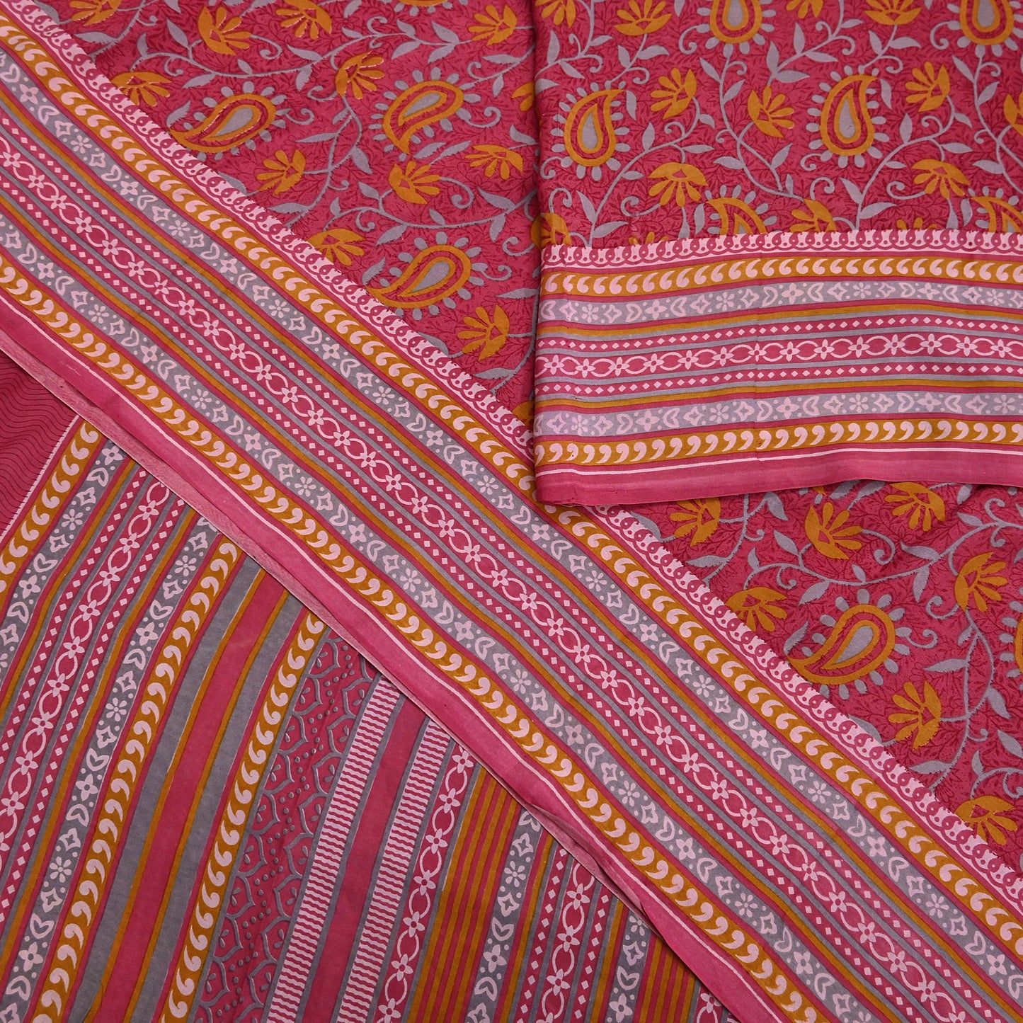 Indian Vintage Pink Pure Silk Printed Saree 5 Yards Soft Floral Fabric for Dressmaking, Quilting, Crafting, Sewing & Upcycling