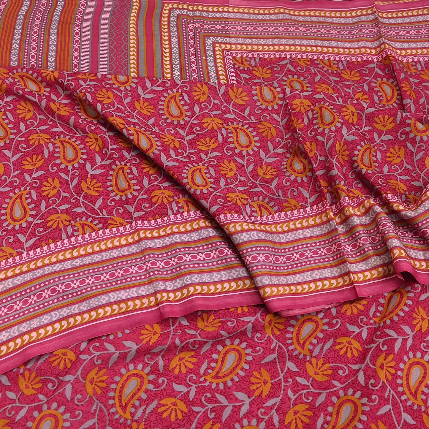 Indian Vintage Pink Pure Silk Printed Saree 5 Yards Soft Floral Fabric for Dressmaking, Quilting, Crafting, Sewing & Upcycling