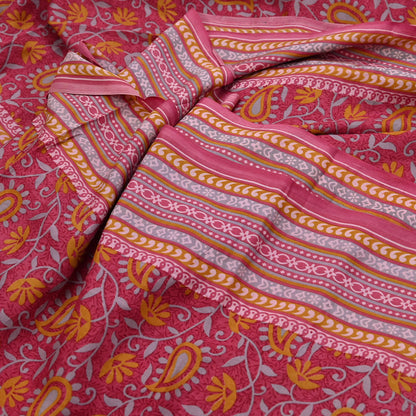 Indian Vintage Pink Pure Silk Printed Saree 5 Yards Soft Floral Fabric for Dressmaking, Quilting, Crafting, Sewing & Upcycling