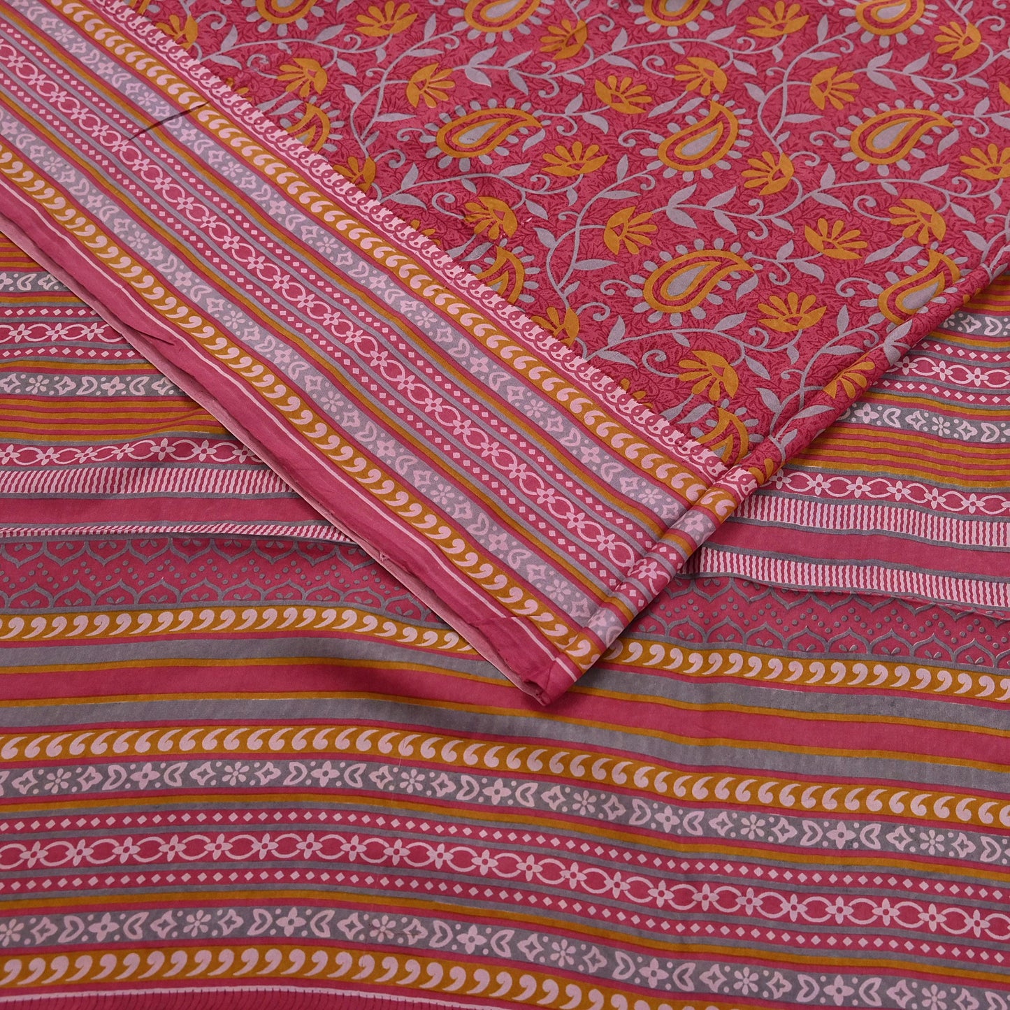 Indian Vintage Pink Pure Silk Printed Saree 5 Yards Soft Floral Fabric for Dressmaking, Quilting, Crafting, Sewing & Upcycling