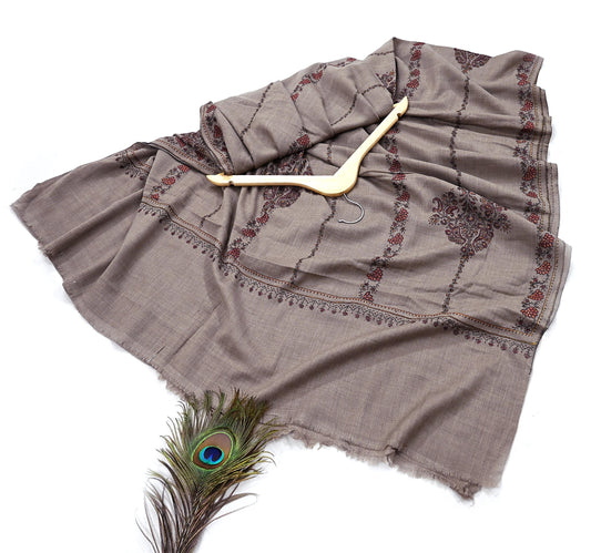 Indian Vintage Brown Shawl Pure Woolen Handmade Suzani Long Throw Stole Warm Floral Design Soft Cozy