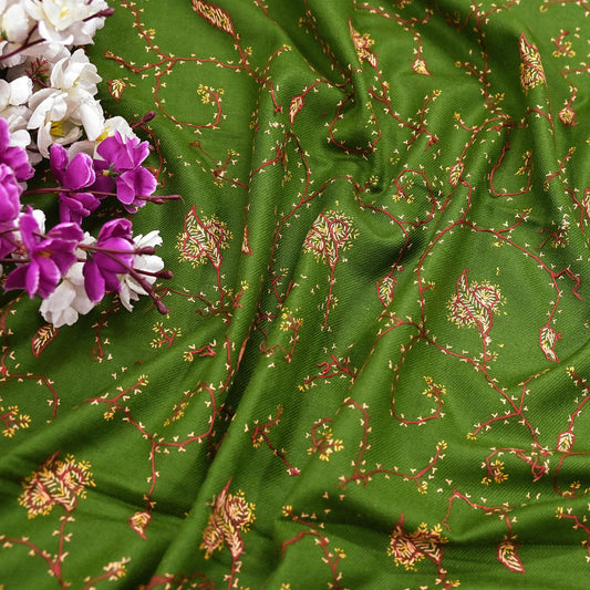 Indian Vintage Green Shawl Pure Woolen Handmade Suzani Long Throw Stole Warm Floral Design Soft Cozy