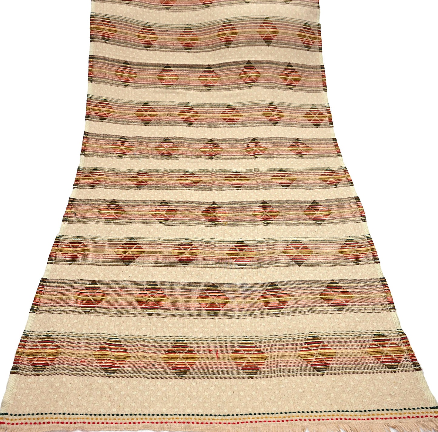 Vintage Ivory Woolen Handmade Woven Long Throw Stole Warm Geometric Design Fringes