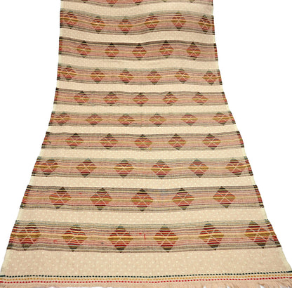 Vintage Ivory Woolen Handmade Woven Long Throw Stole Warm Geometric Design Fringes