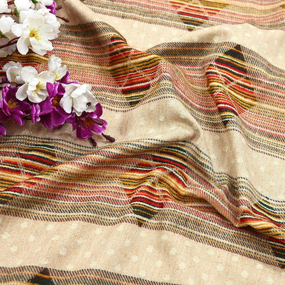 Vintage Ivory Woolen Handmade Woven Long Throw Stole Warm Geometric Design Fringes