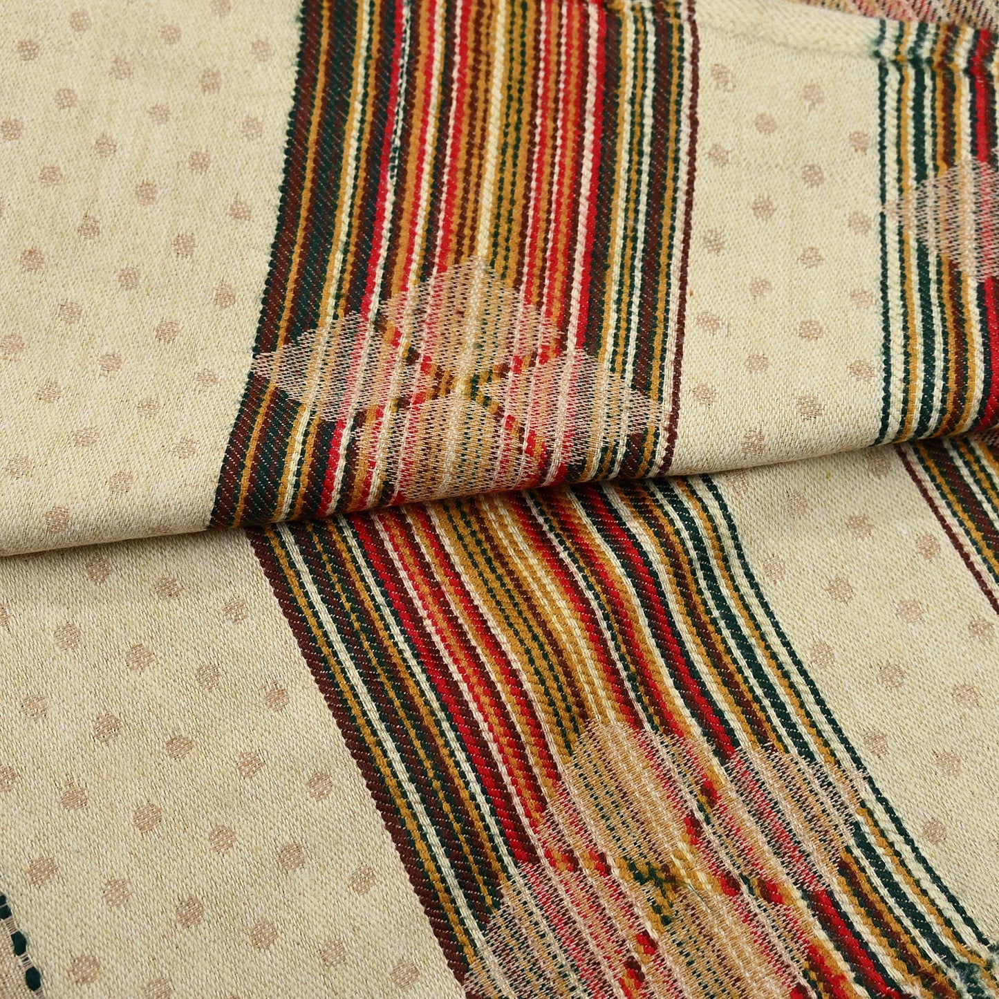 Vintage Ivory Woolen Handmade Woven Long Throw Stole Warm Geometric Design Fringes