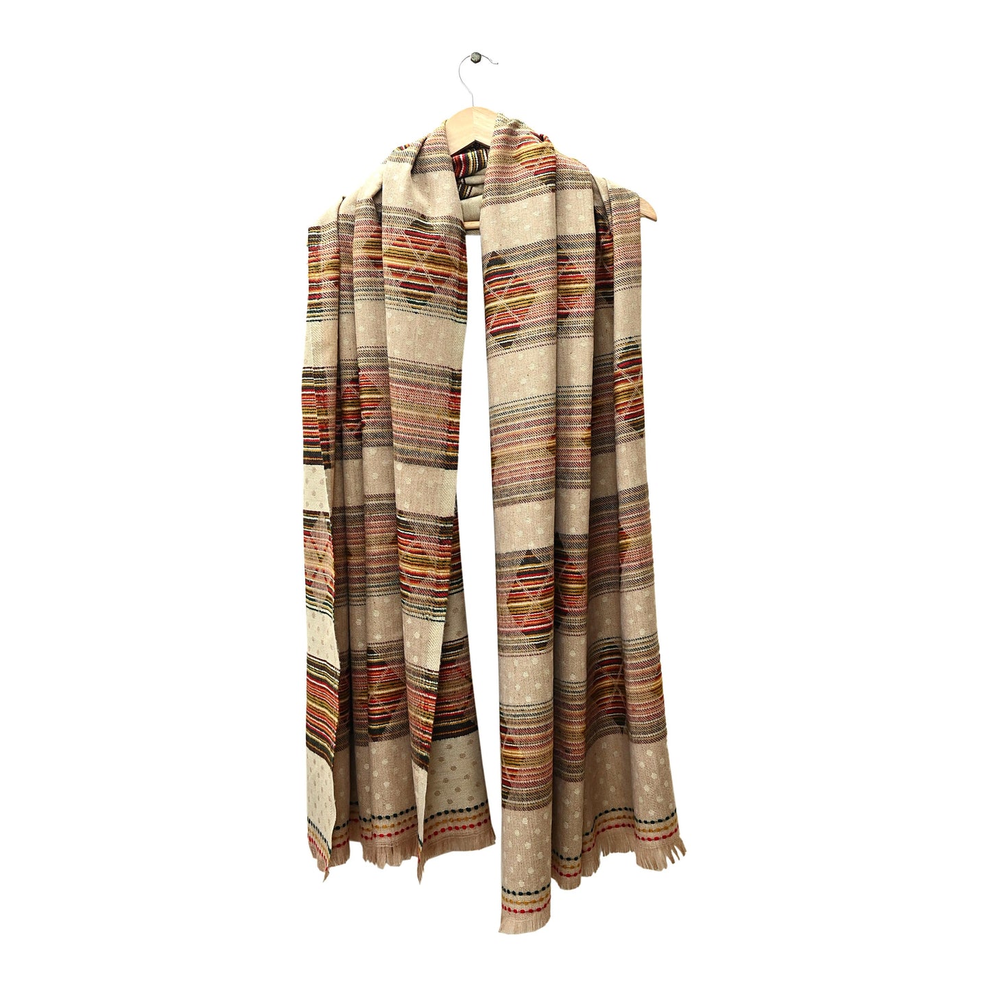 Vintage Ivory Woolen Handmade Woven Long Throw Stole Warm Geometric Design Fringes