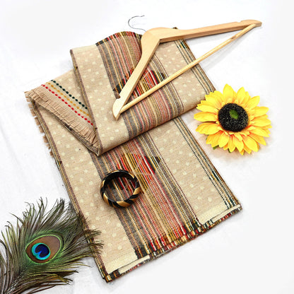 Vintage Ivory Woolen Handmade Woven Long Throw Stole Warm Geometric Design Fringes