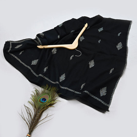 Indian Vintage Black Shawl Pure Woolen Handmade Suzani Long Throw Stole Warm Floral Design Soft Cozy