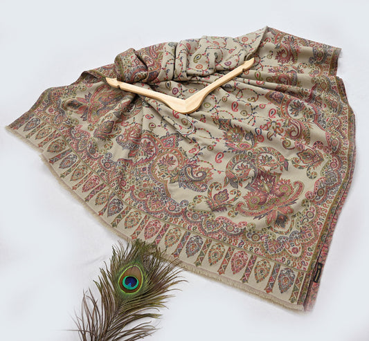 Indian Vintage Beige Pure Woolen Shawl Handmade Woven Work Long Throw Stole Warm Floral Design Soft