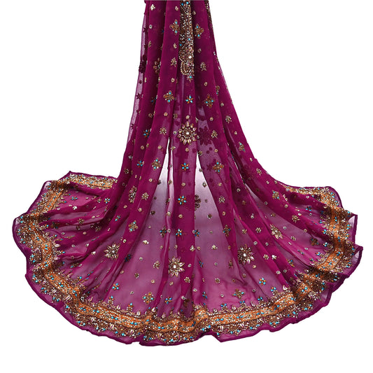 Indian Vintage Heavy Wedding Purple Dupatta Pure Georgette Silk Long Stole Hand Embroidered Gota Patti Scarves Zardozi