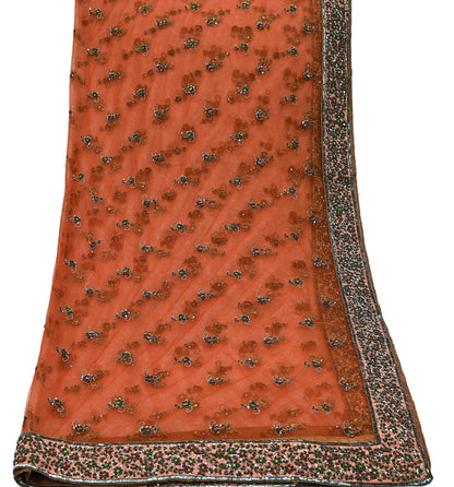 Indian Vintage Heavy Orange Dupatta Net Mesh Long Stole Hand Embroidered Scarves Golden Zardozi Dabka Zari Stole Bridal/ Wedding veil