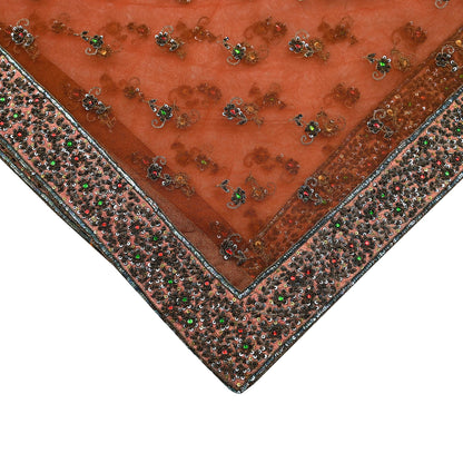 Indian Vintage Heavy Orange Dupatta Net Mesh Long Stole Hand Embroidered Scarves Golden Zardozi Dabka Zari Stole Bridal/ Wedding veil